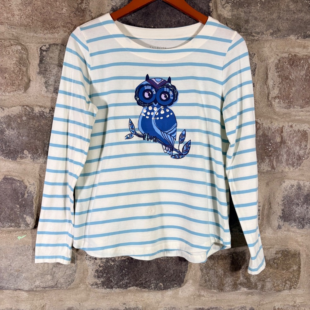 Talbots Petite MP Striped‎ Owl Sequin Long Sleeve Top Blue White Whimsical Cute